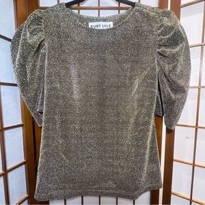 Kurt Lyle Puff Sleeve Sheer Gold Glittery Cocktail Top